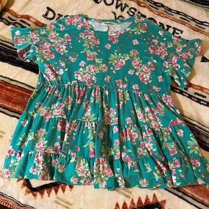 Women’s Teal Floral Tiered Short Sleeve Blouse